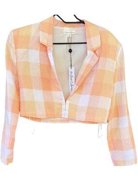 For Love & Lemons XS Peach & White Gingham Crop Jacket 3/4 Sleeve Lightweight
